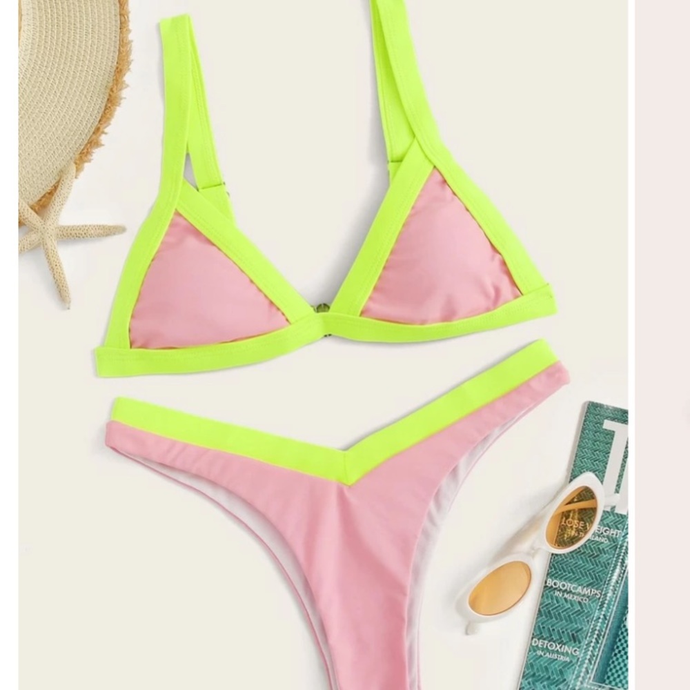 Neon Contrast Pink & Green High Leg Bikini